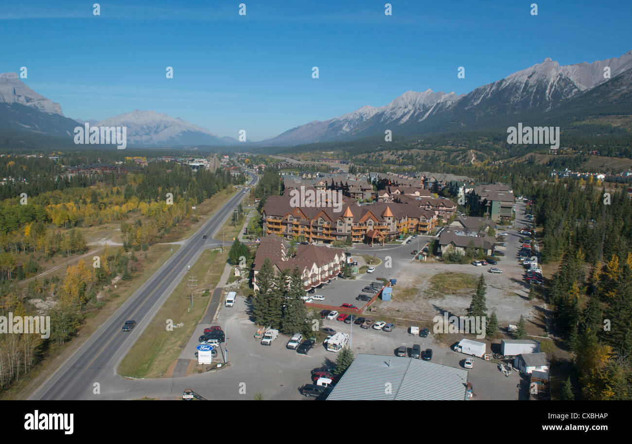 Aerial of Canmore, Alberta, town on the edge of the Canadian Rockies