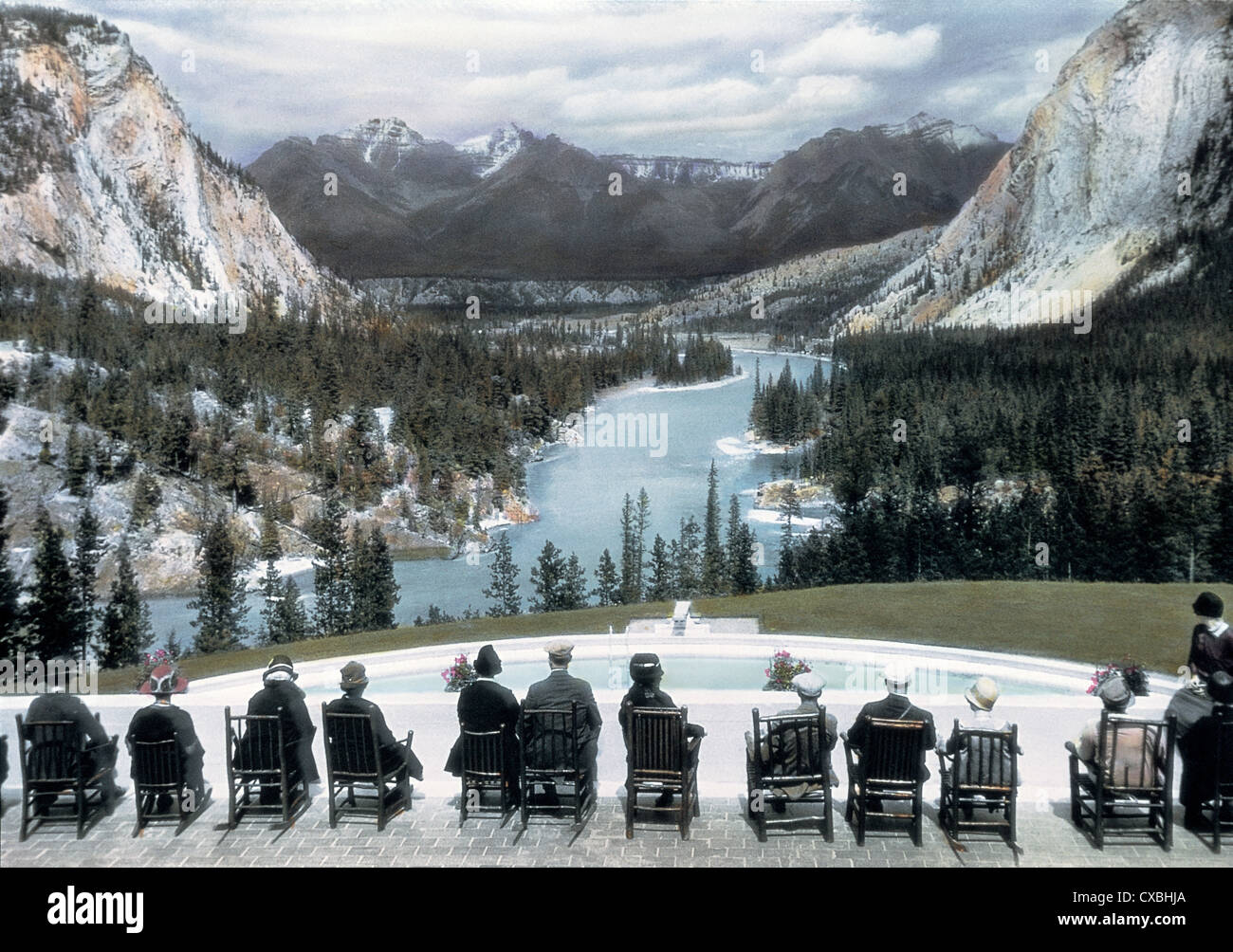 Colorized Photo Of Tourists Sitting In Chairs On A Terrace That Overlooks A Swimming Pool And A Scenic View Of The Bow River Valley Banff Springs Hotel Banff Canada 1916 Photo By