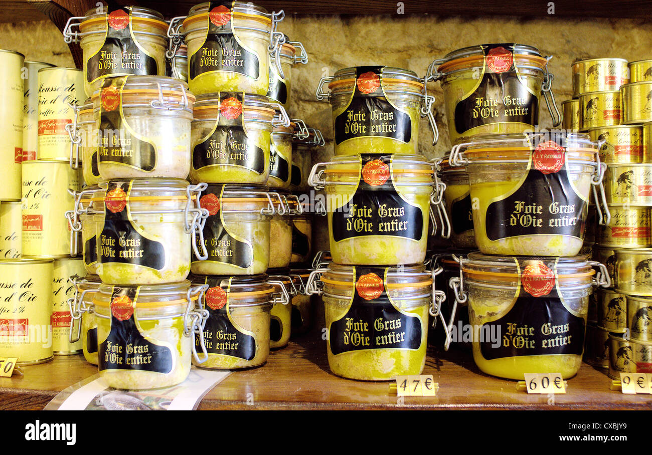 Foie gras and local specialties displayed for sale Sarlat Perigord France Stock Photo