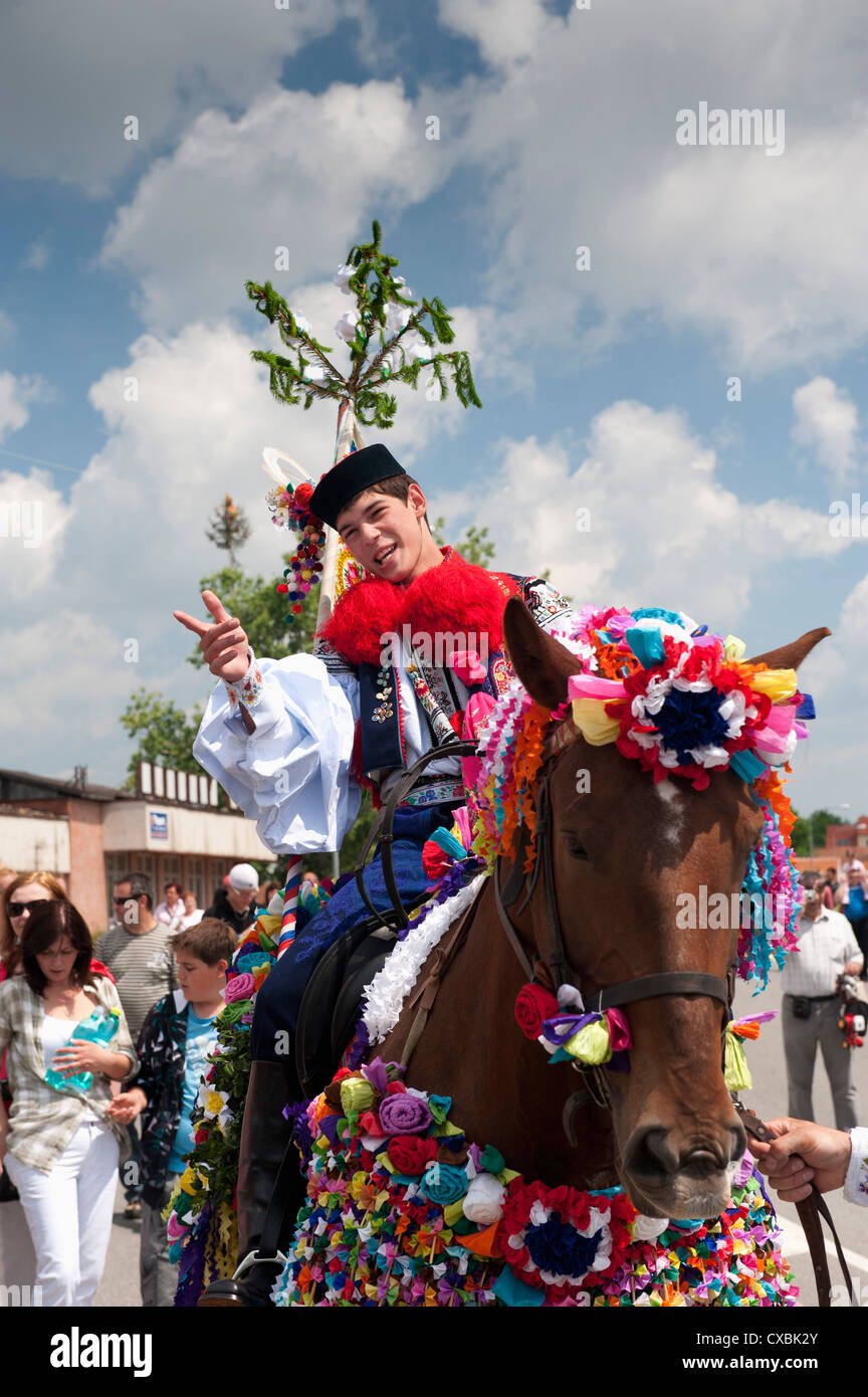 Man wearing Vlcnov folk dress during Ride of the Kings festival, Vlcnov, Zlinsko, Czech Republic Stock Photo