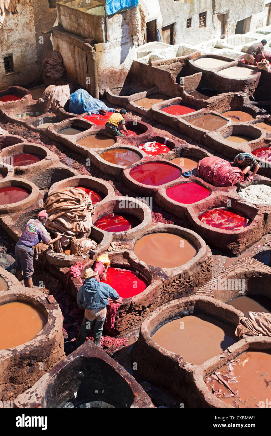 Vats for tanning and dyeing animal hides and skins, Chouwara traditional leather tannery in Old Fez, Fez, Morocco, North Africa Stock Photo