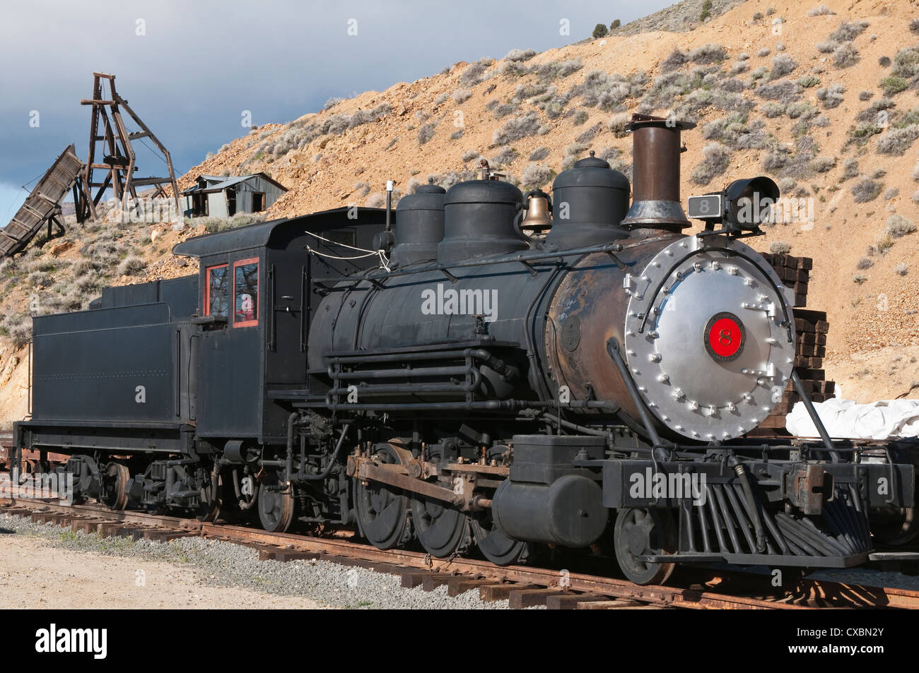 Old steam locomotive at historic Gold Hill train station, outside Virginia City, Nevada, United States of America, North America Stock Photo