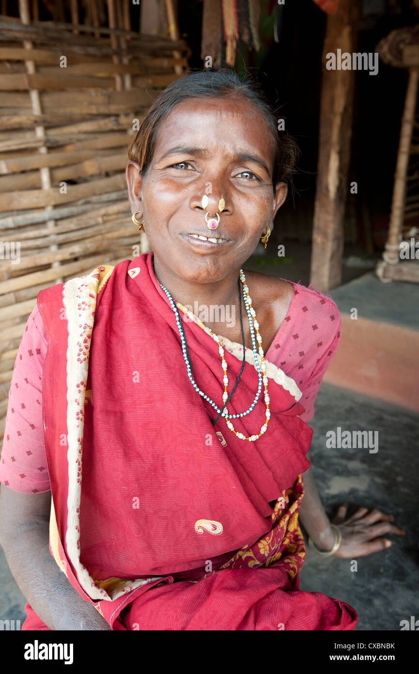 Desia Kondh tribal woman wearing traditional gold noserings and earrings, Bissam Cuttack, Orissa, India, Asia Stock Photo