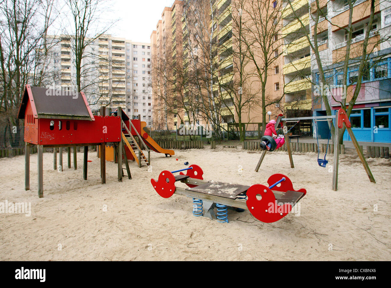 Berlin, a children's playground in a high-rise estate Kindertagesstaette Stock Photo