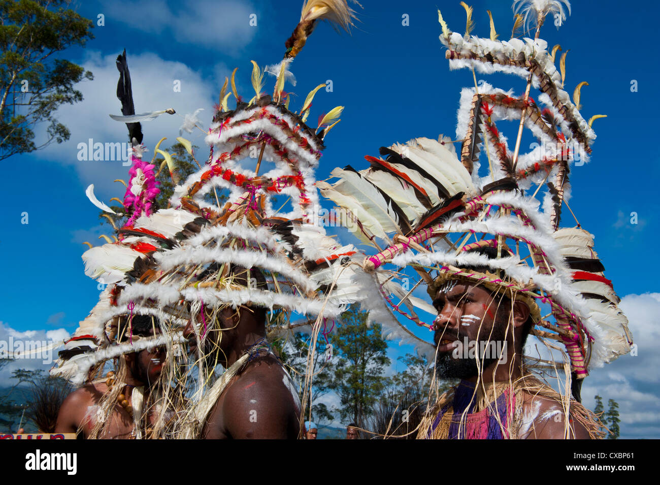 Colourfully dressed and face painted local tribes celebrating the traditional Sing Sing in the Highlands of Papua New Guinea Stock Photo