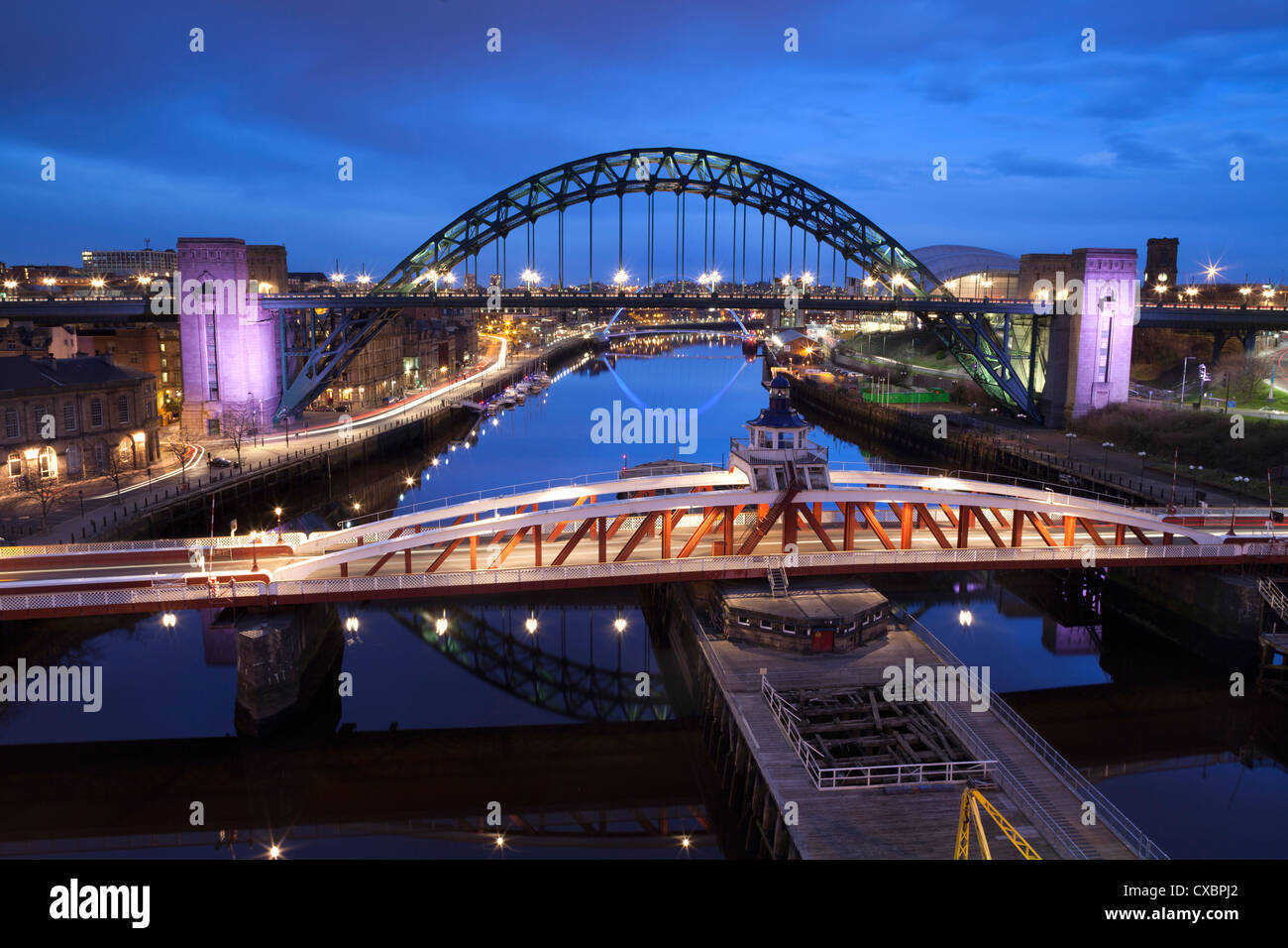 Tyne Bridge, Swing Bridge and Millennium Bridge, Newcastle Gateshead Stock Photo