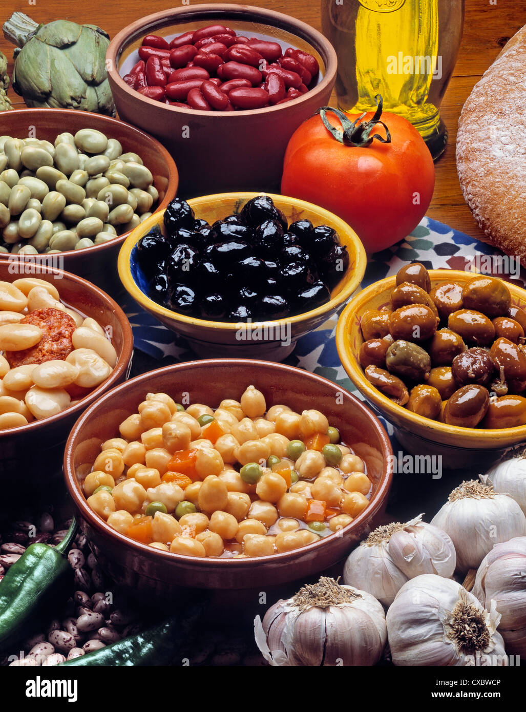 Legume vegetables olive oil bread  gastronomy Stock Photo