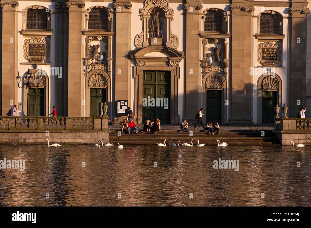 People feeding swans on the Reuss river, Lucerne Stock Photo