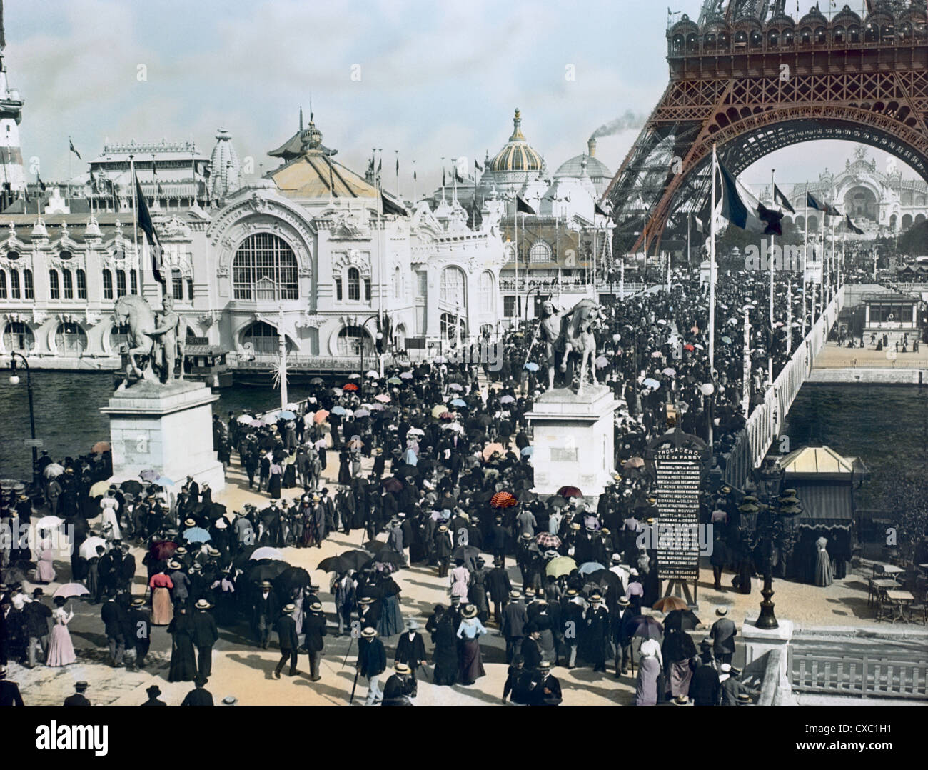 Colorized high angle view from the Trocadero of crowds of exhibition ...