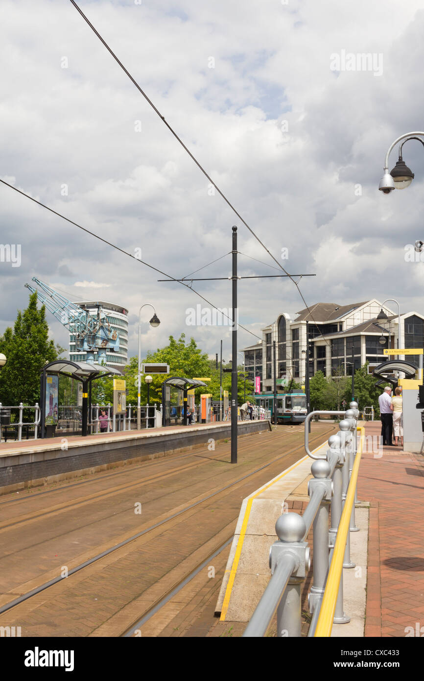 Salford Quays station on the Metrolink light railway/tram system in ...