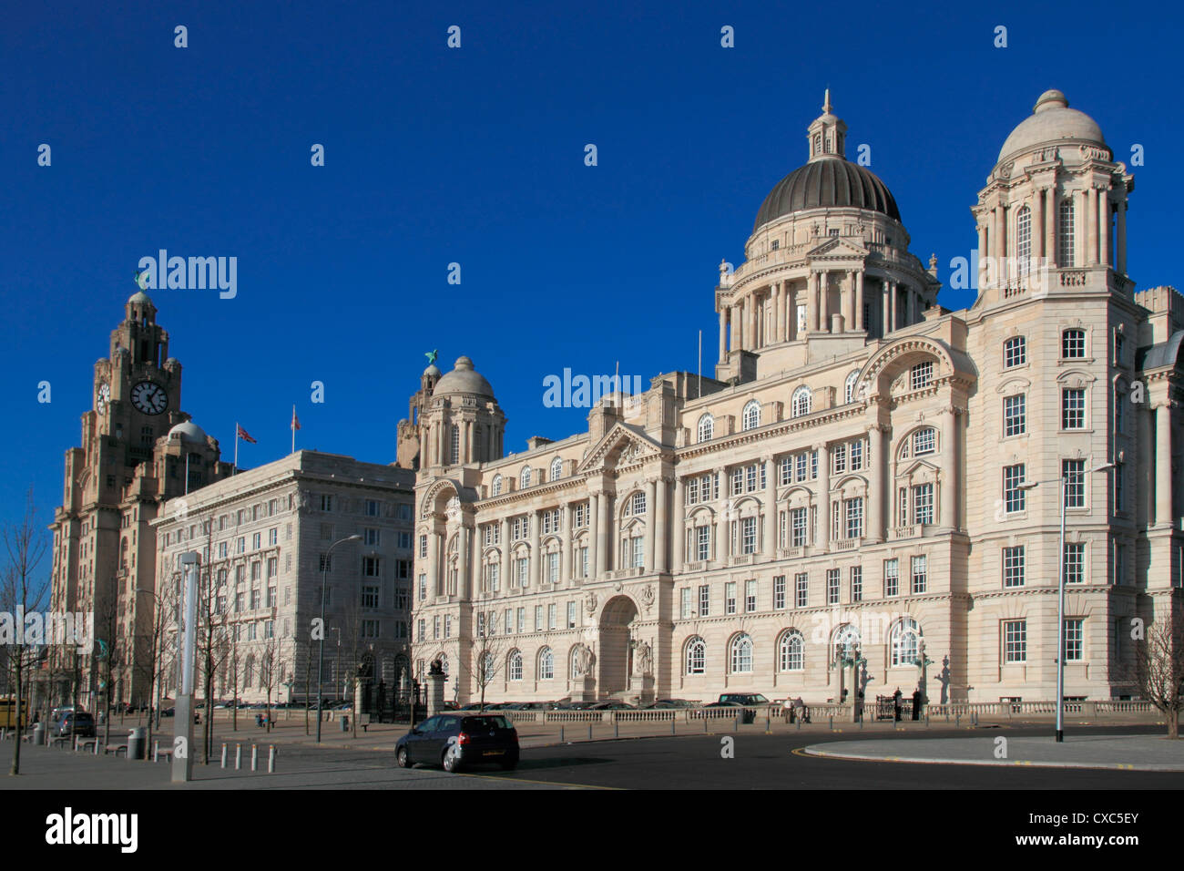 Pierhead, with Liver building, Cunard building and Dock company building, UNESCO World Heritage Site, Liverpool, Merseyside Stock Photo