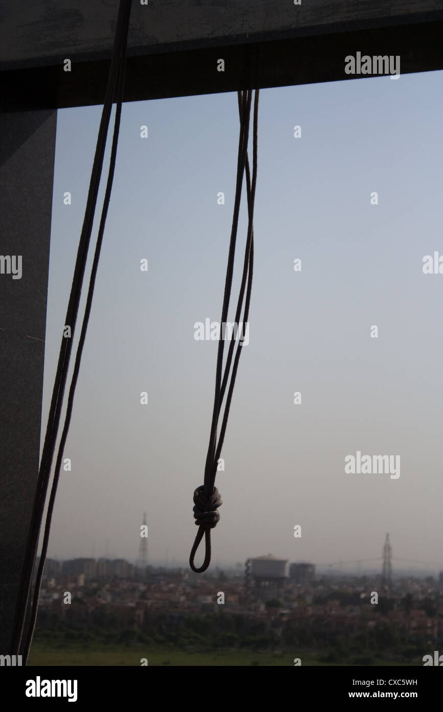A rope hook used for securing the wire which in turn is connected to the harness that lowers a person safely to the ground Stock Photo