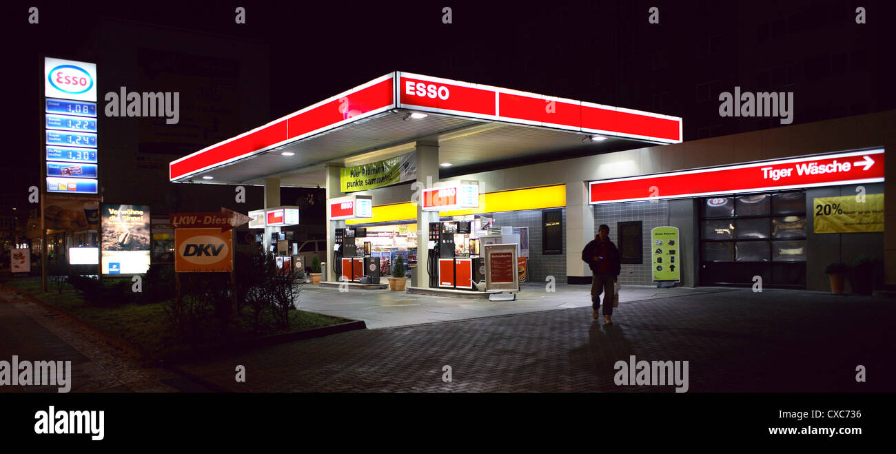 Berlin, Esso gas station at night Stock Photo
