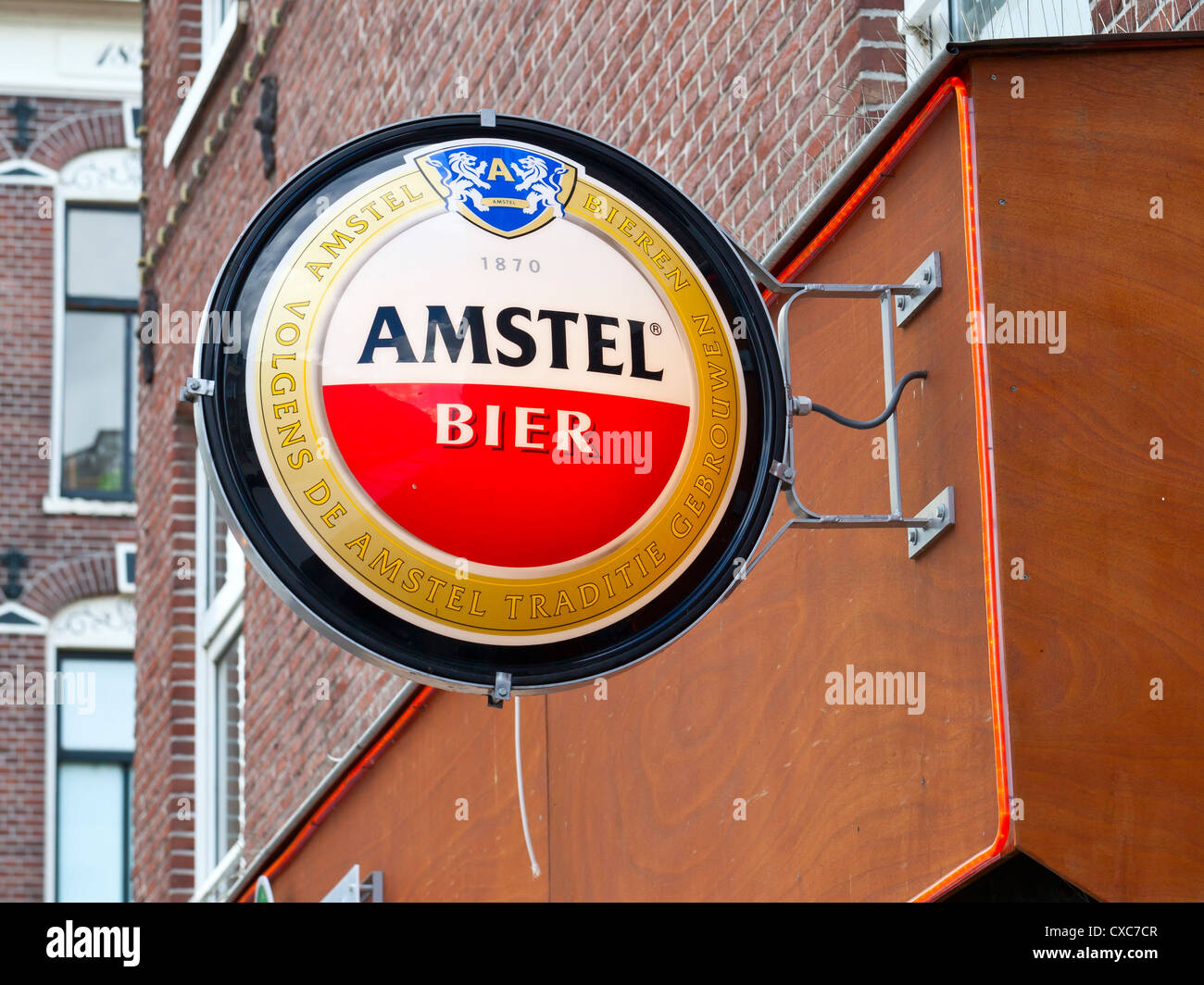 Amsterdam: Amstel beer sign at restaurant - Amsterdam, Netherlands, Europe Stock Photo