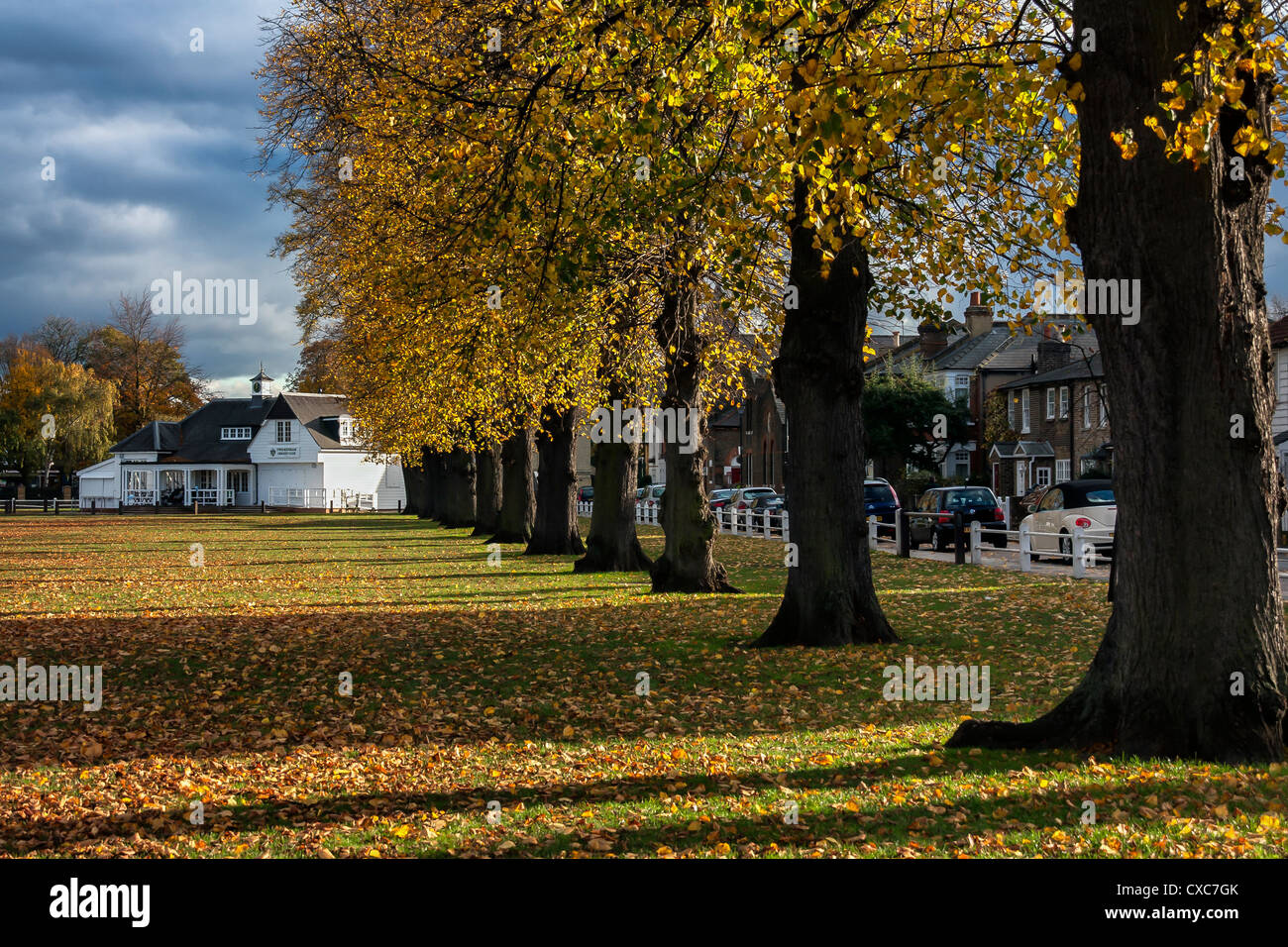 London, Twickenham Green cricket club pavilion  - a late afternoon in Autumn with colourful autumnal trees Stock Photo