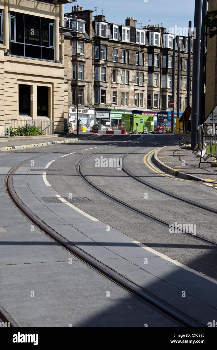The sweeping curve of the new tram tracks at Haymarket, Edinburgh, Scotland. Stock Photo