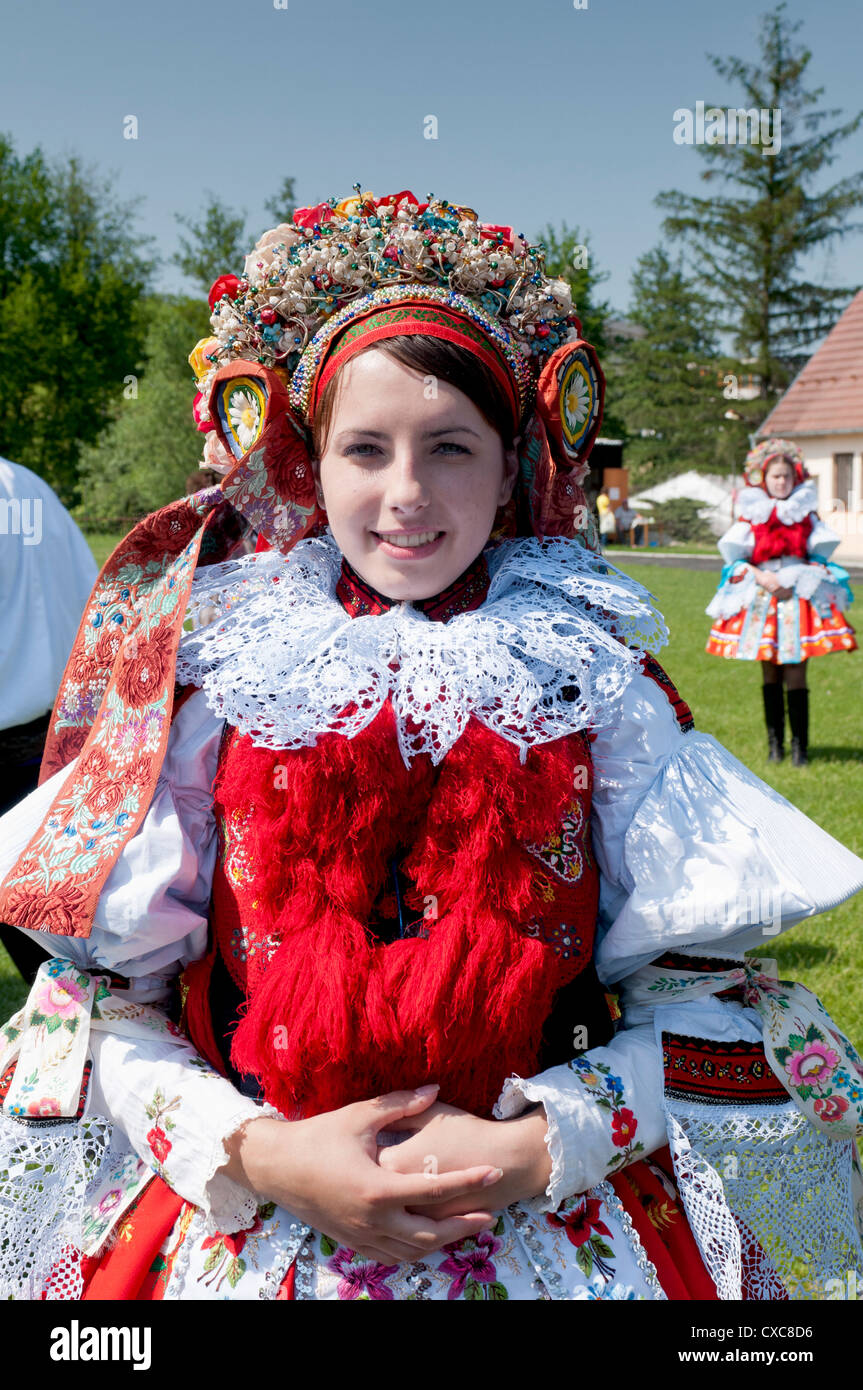 Woman wearing folk dress, The Ride of the Kings festival, Vlcnov, Zlinsko, Czech Republic, Europe Stock Photo