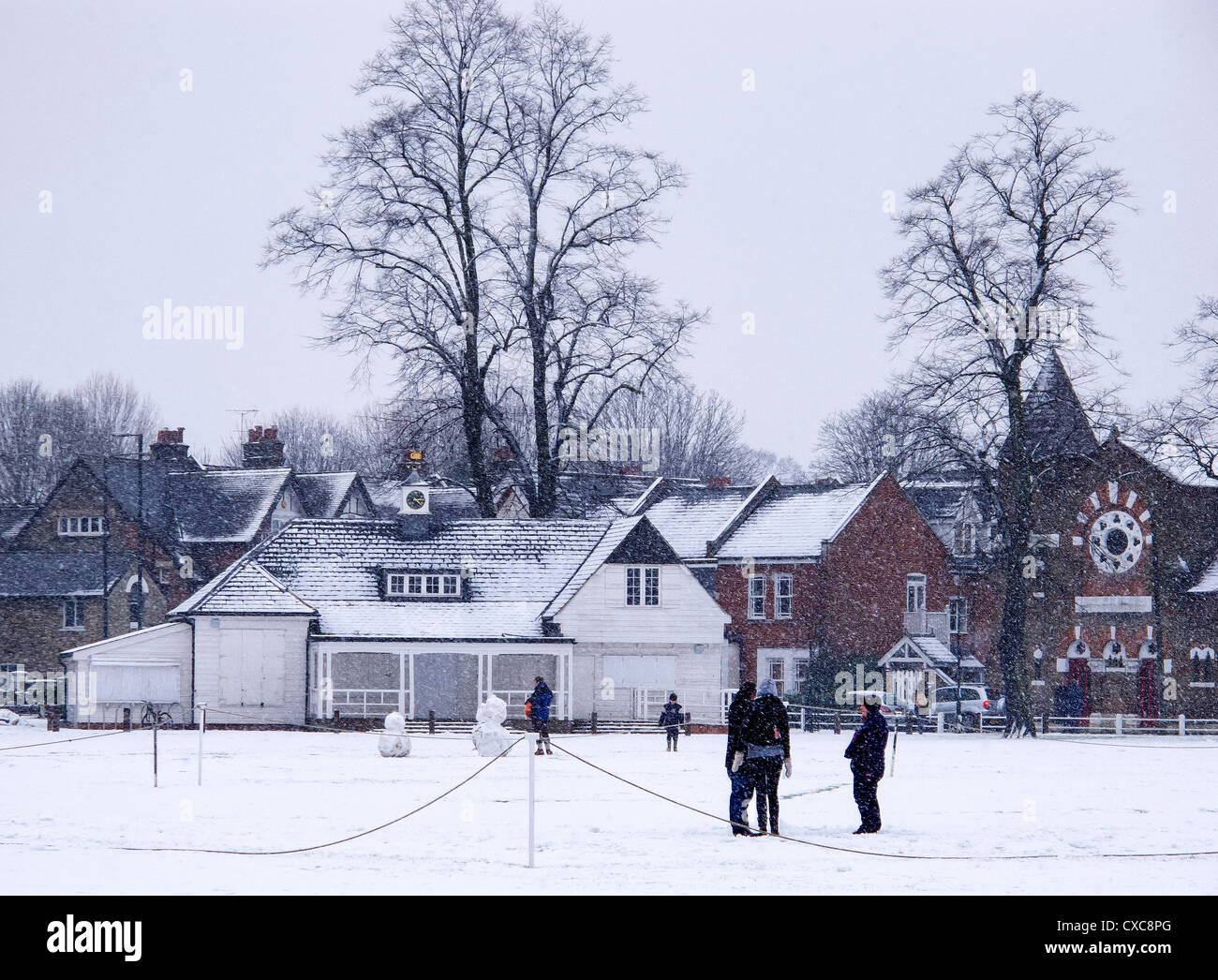 Snow covering the cricket pitch and pavilion on Twickenham GreenLondon Borough of Richmond ,Greater London,UK Stock Photo