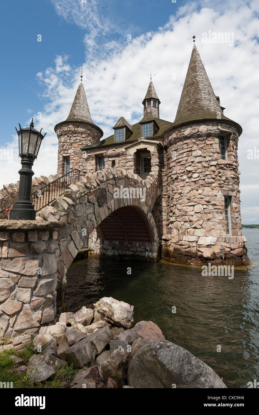 The Power House at Boldt Castle. A fanciful collection of towers and a bridge hide the mechanical workings of the power plant Stock Photo