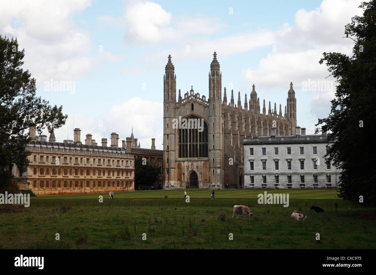 Kings college Chapel with Kings to right and Clare college to left from backs Cambridge city England Stock Photo