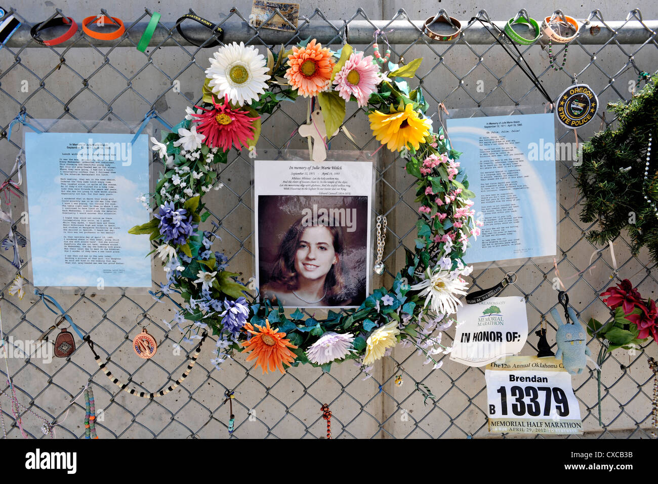 Personal tribute to Julie Marie Walsh, Oklahoma Bombing victim, on the fence outside the Memorial site Stock Photo