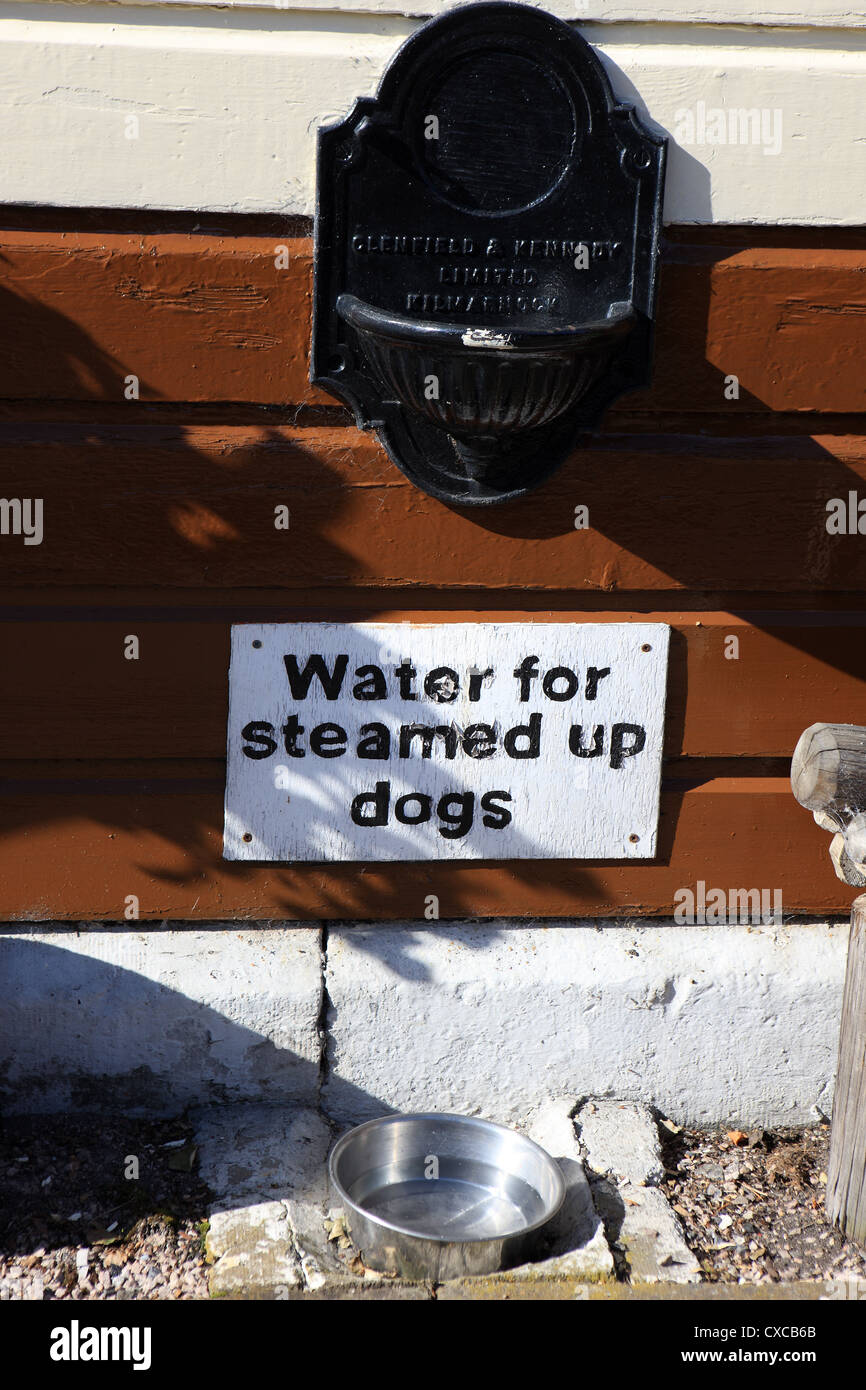 Water bowl for dogs at Boat of Garten station in the Scottish highlands Stock Photo