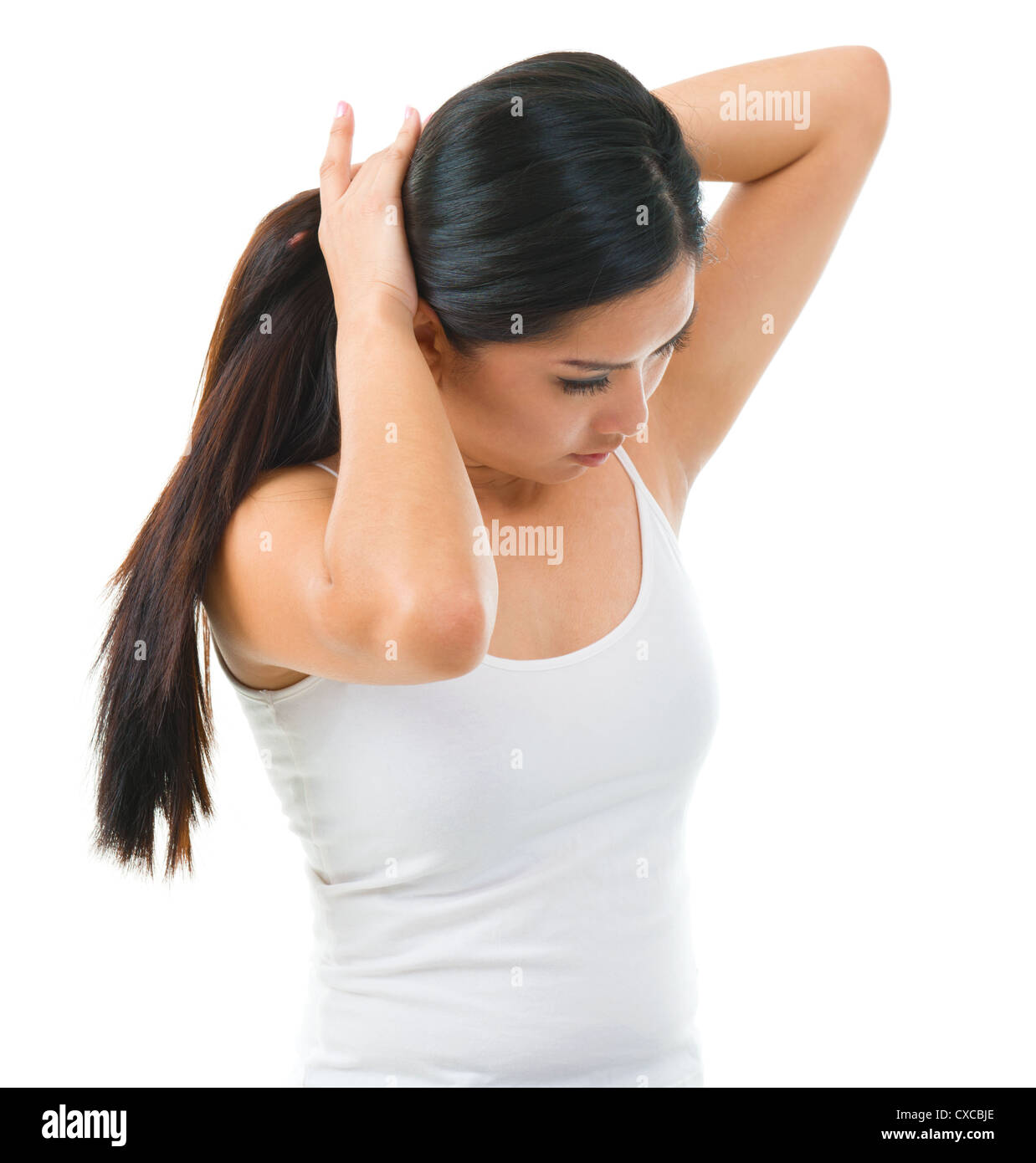 Young Asian Girl Tie Up Her Long Hair Over White Background Stock Photo Young Asian Girl Tie Up Her Long Hair Over White Background Stock Photo