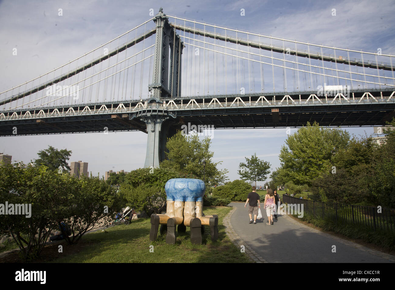 East Tower of the Manhattan Bridge seen from Brooklyn Bridge Park in Brooklyn, NY. Stock Photo