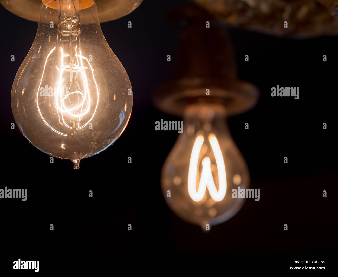 Edison Light bulbs. Early hand blown incandescent light bulbs glowing