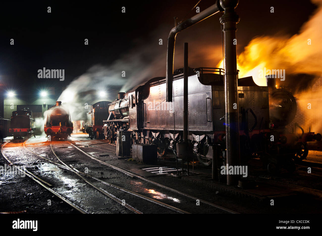 The engine shed and yard at night, Bridgnorth, Severn Valley Railway Steam Gala, September 2012 Stock Photo