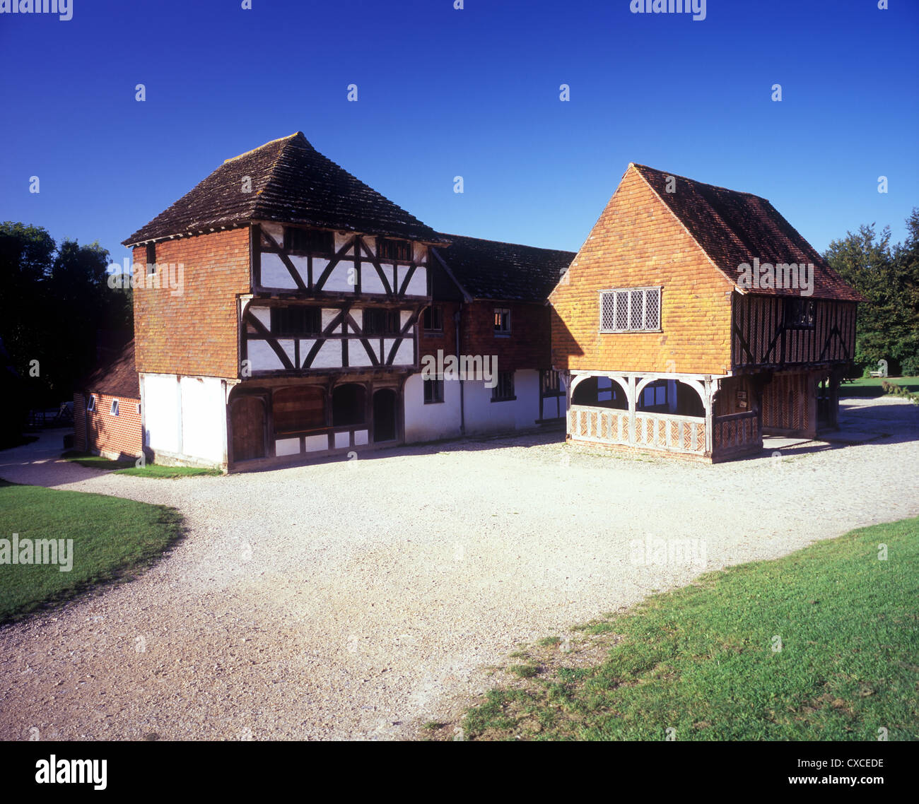 Reconstructed Medieval Market Square, Weald and Downland Open Air Museum, Singleton, West Sussex, UK Stock Photo