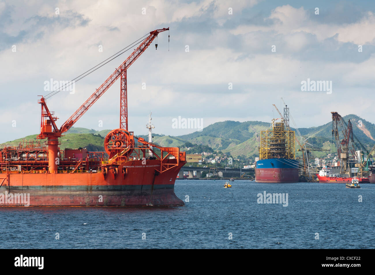 vessels moored at Niteroi Guanabara Bay, Rio de Janeiro, local  yards to repair and supply for oil rigs and offshore. Stock Photo