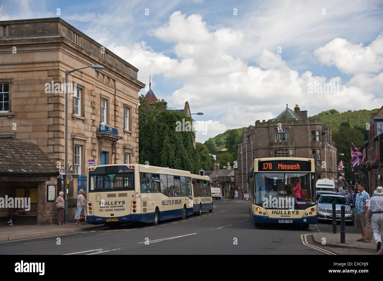 Hulleys PSV buses in centre of Bakewell Stock Photo