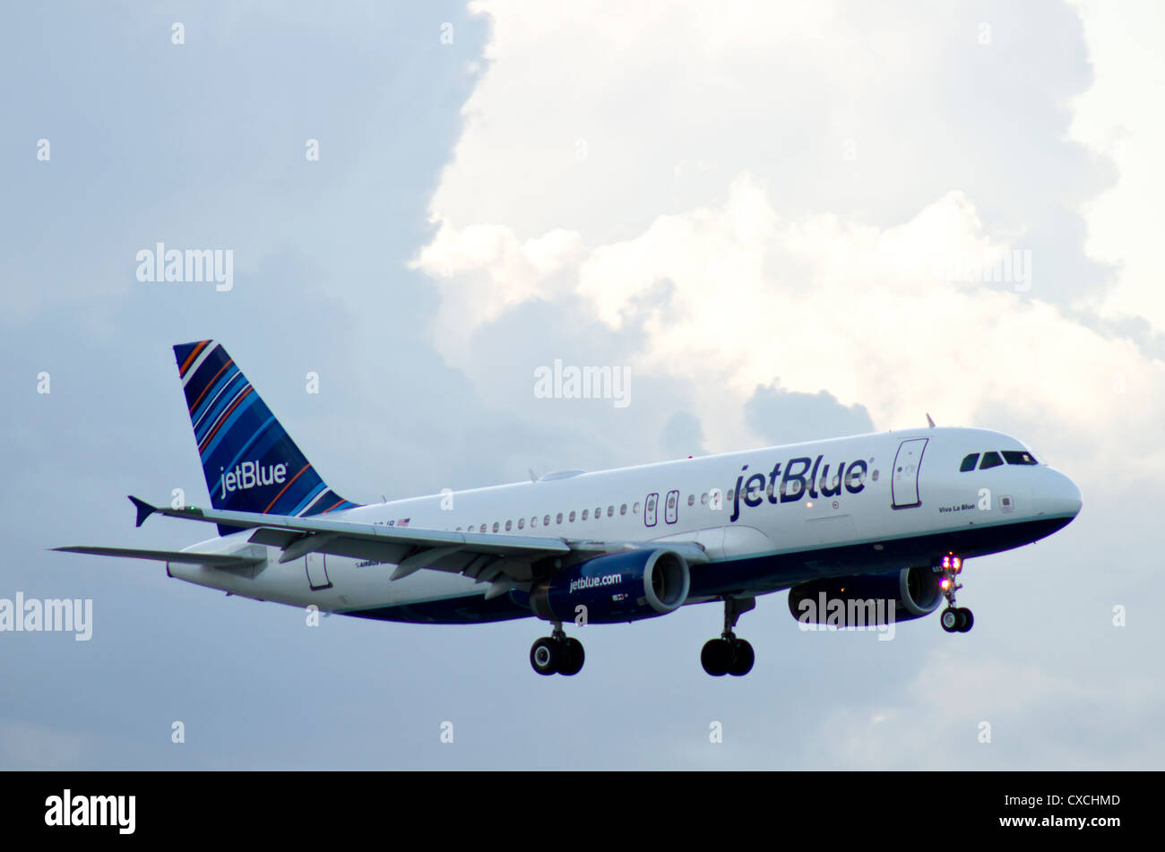 JetBlue Airlines Airbus preparing for landing at Fort Lauderdale International Airport, Florida on Labor Day -September 3, 2012. Stock Photo