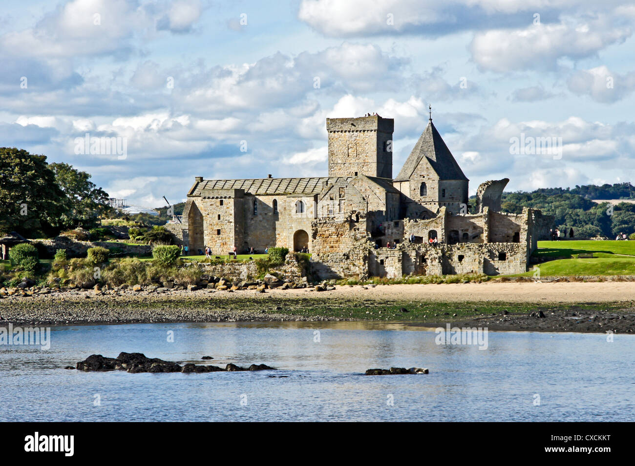 St Colm's Abbey on the small island Inchcolm in the Firth of Forth opposite Edinburgh in Scotland as seen from south Stock Photo