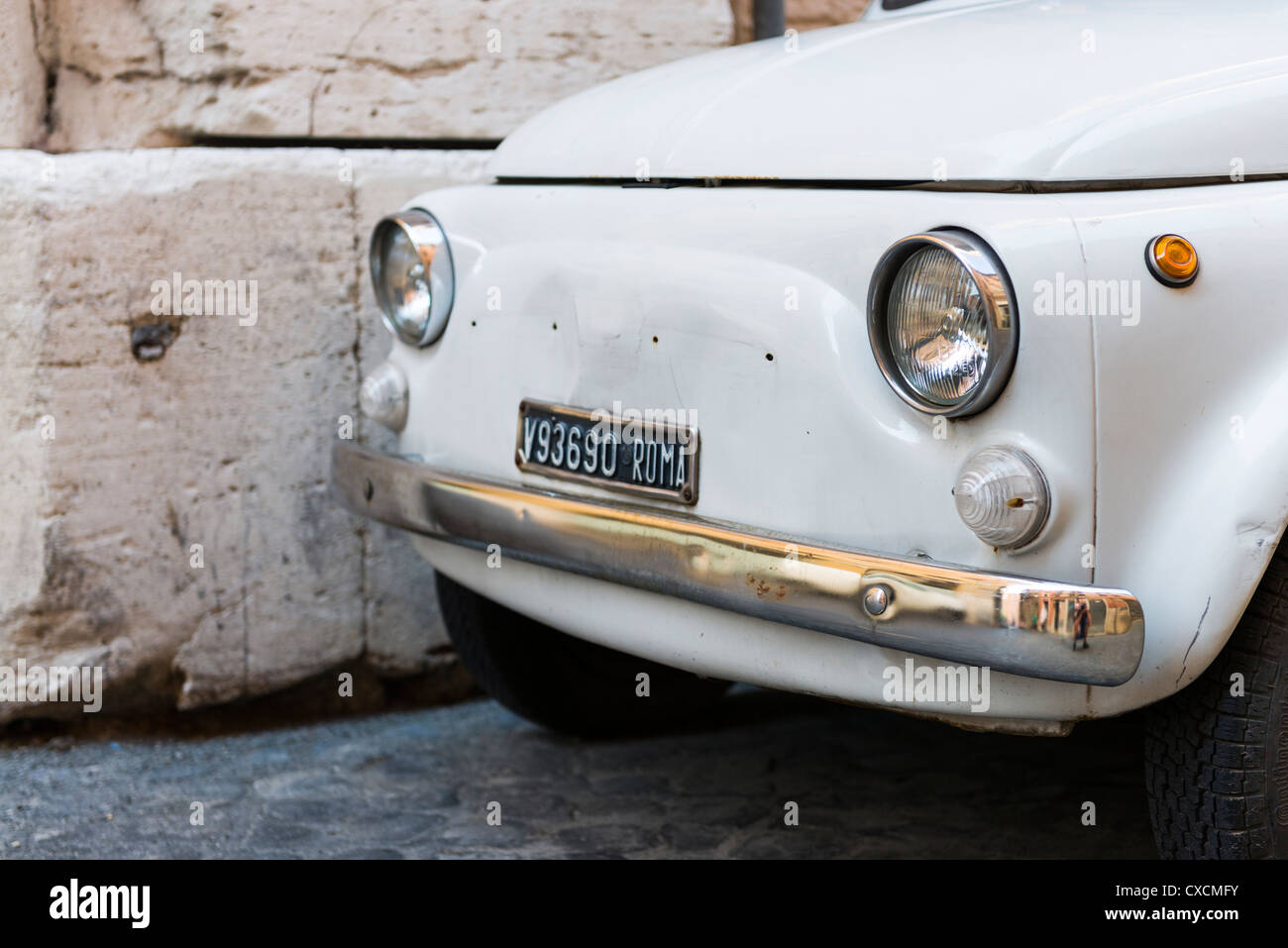 Detail of the front of a Fiat 500 on the streets of Rome, Roma, Italy ...