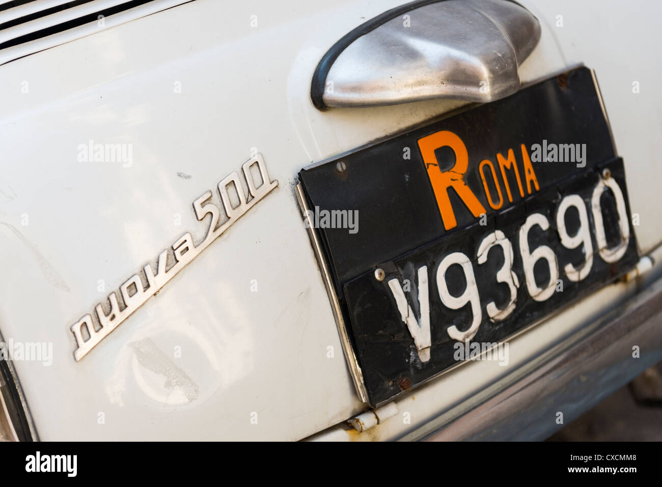 Detail of the rear of a Fiat 500 on the streets of Rome, Roma, Italy ...