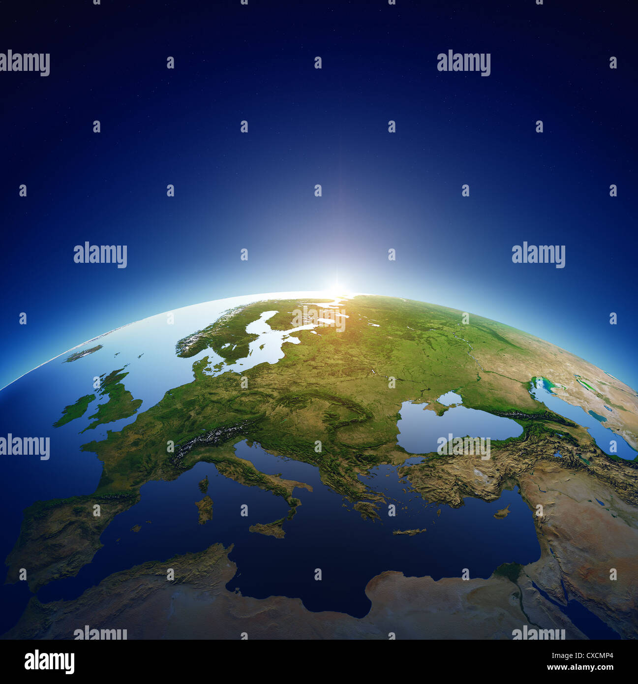 Planet earth with sun rising over European countries (Elements of this image furnished by NASA) 3D Render Stock Photo