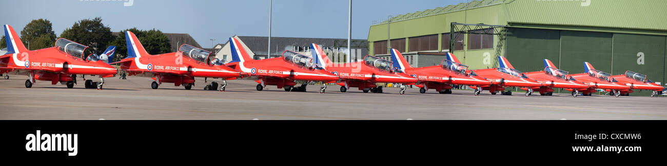 The RAF Red Arrows lined up on the tarmac Stock Photo