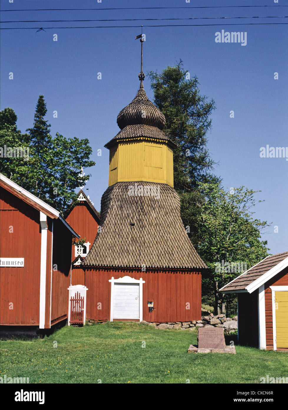 The Irjanne Church was built in 1731, and the belfry was built in 1758 in Eurajoki, Finland. Stock Photo
