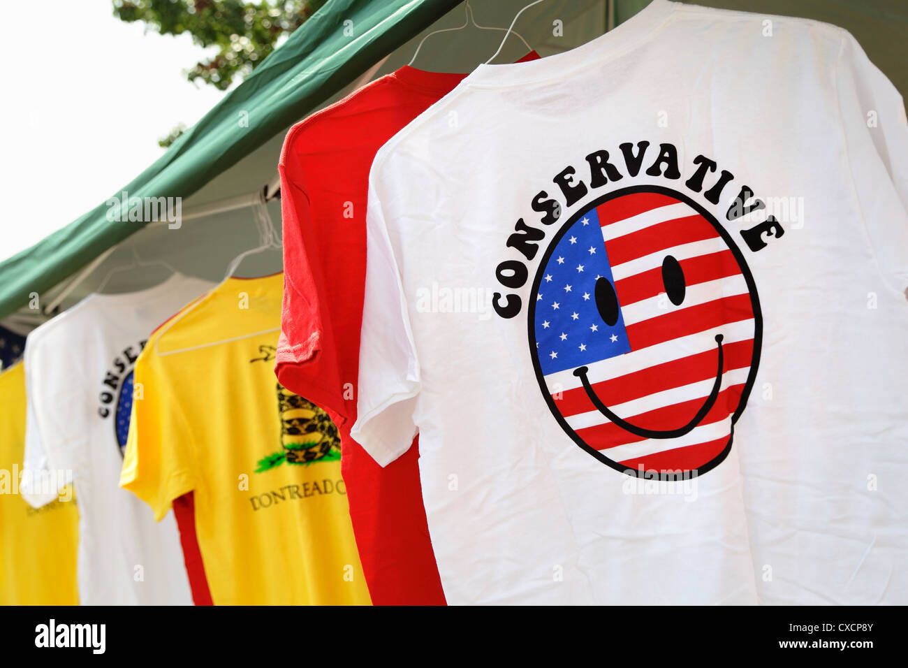 Conservative T-shirts for sale at the Fun Fourth Festival on Independence Day 2012  in Greensboro, North Carolina, USA Stock Photo