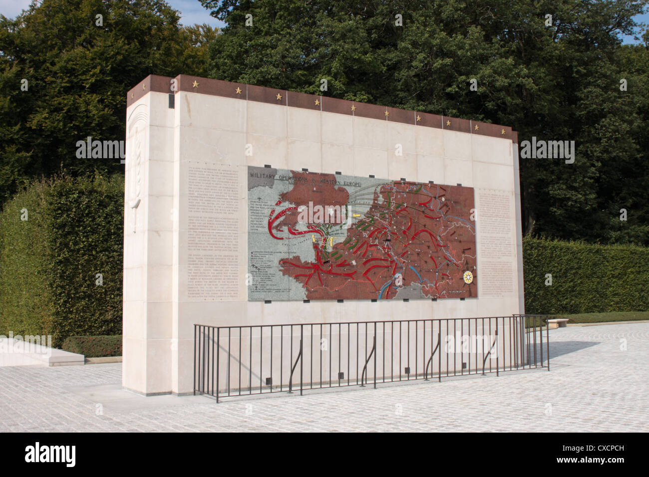 Panels with map showing the allies operations towards Germany after 6th June 1944 Luxembourg American Cemetery Hamm Luxembourg Stock Photo