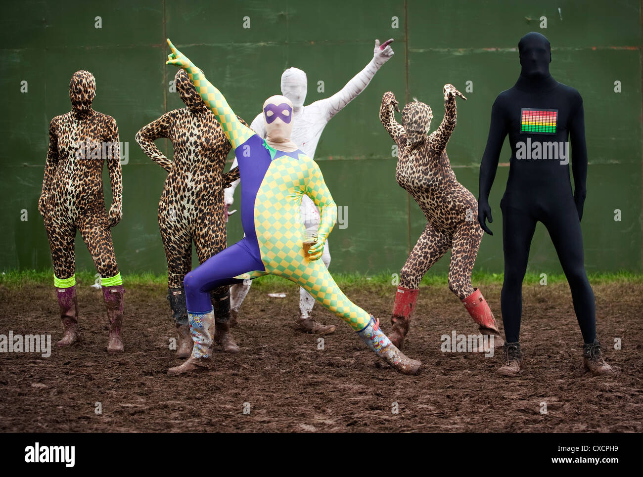 Gregor Lawson, Ali and Fraser Smeaton inventors of the Morphsuit ,with friends at the T In The Park Festival Stock Photo