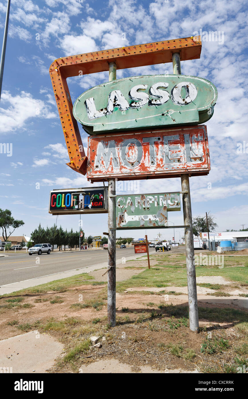 Lasso Motel Derelict Neon Sign, Route 66, Tucumcari New Mexico Stock Photo