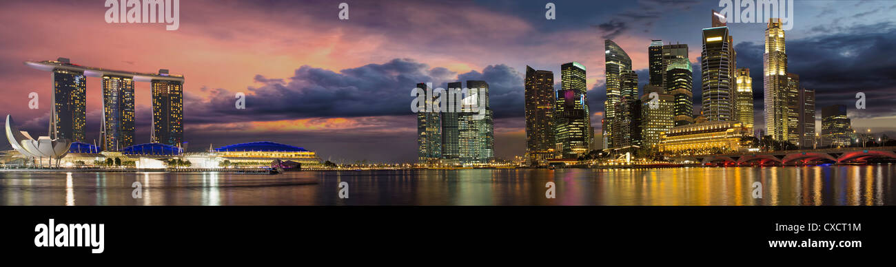 Singapore Central Business District City Skyline at Sunset Panorama Stock Photo