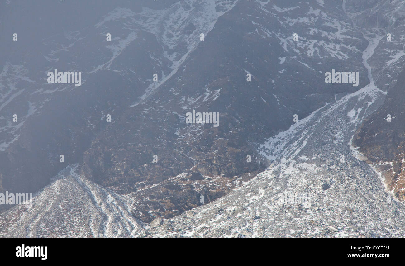 Mountainside and scree covered with snow, Langtang Valley, Nepal Stock Photo