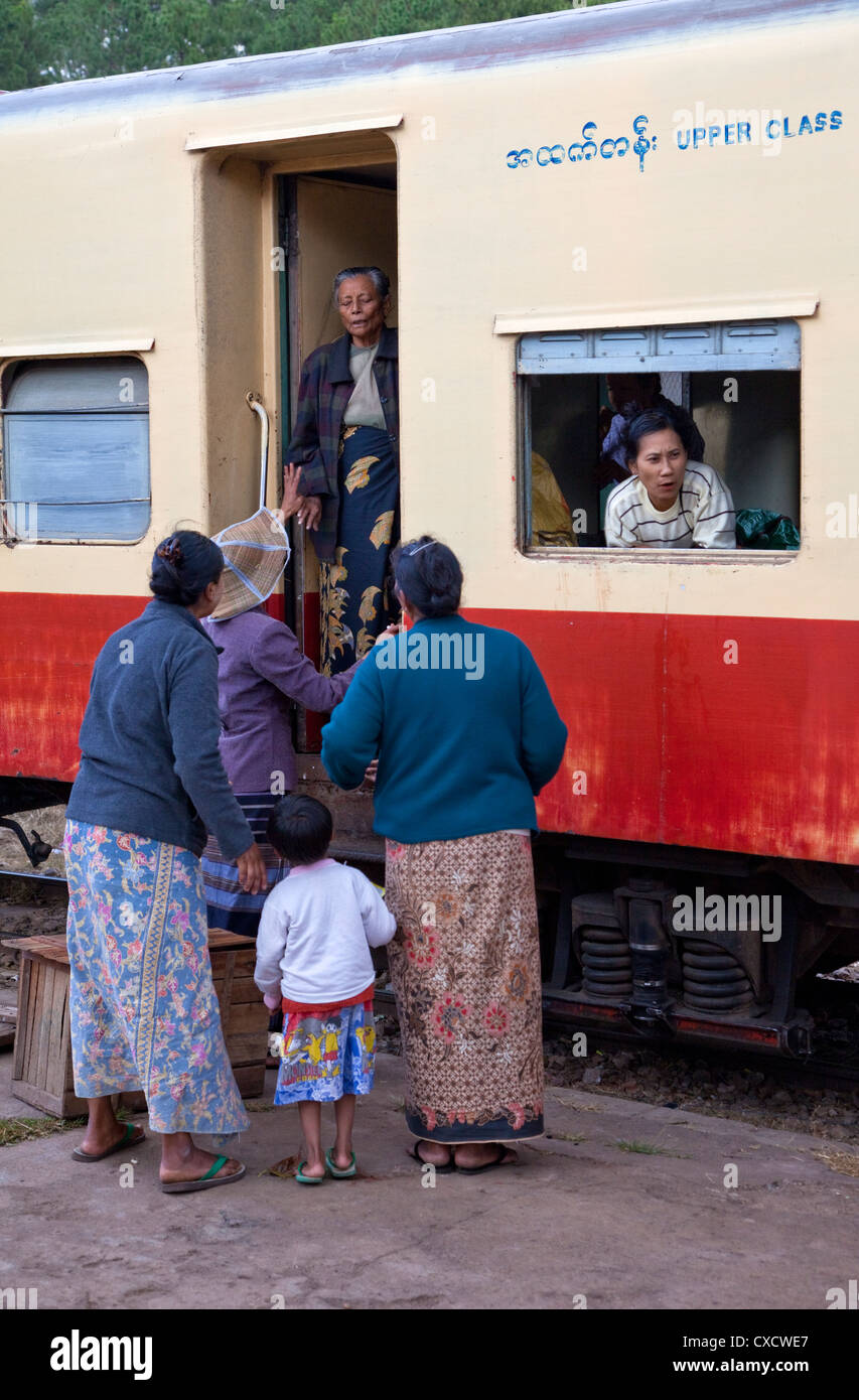 Myanmar, Burma. Passengers in Coaches at Kalaw Train Station. 'Upper Class.' Stock Photo