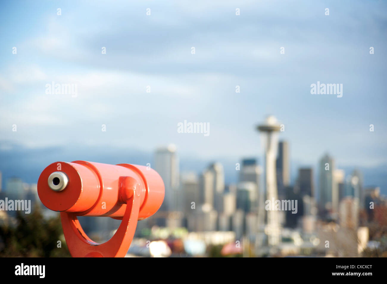Telescope with view of Seattle skyline in distance, Kerry Park, Seattle