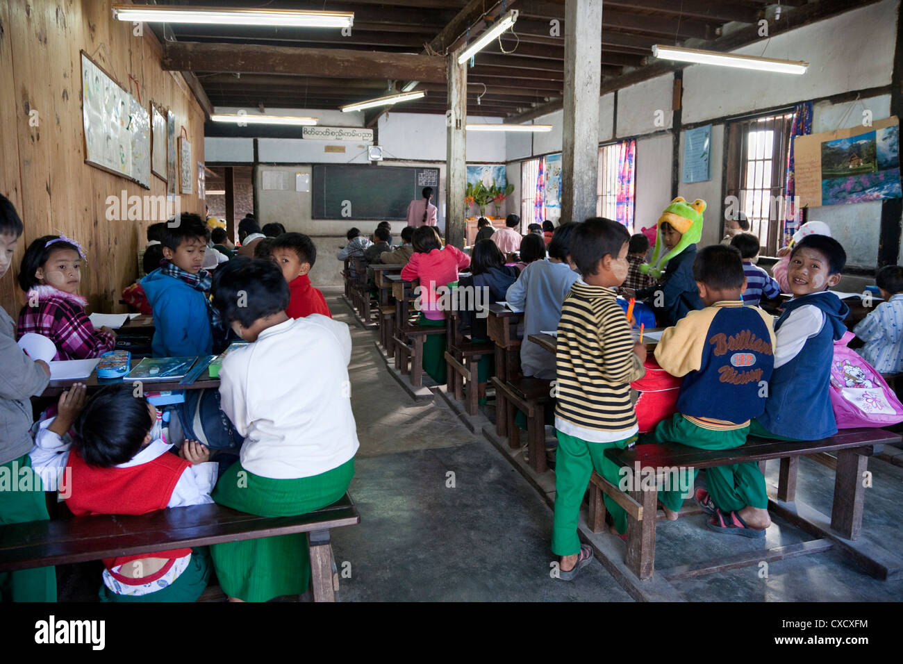Myanmar, Burma, Kalaw. Elementary School Classroom and Burmese Children. Stock Photo