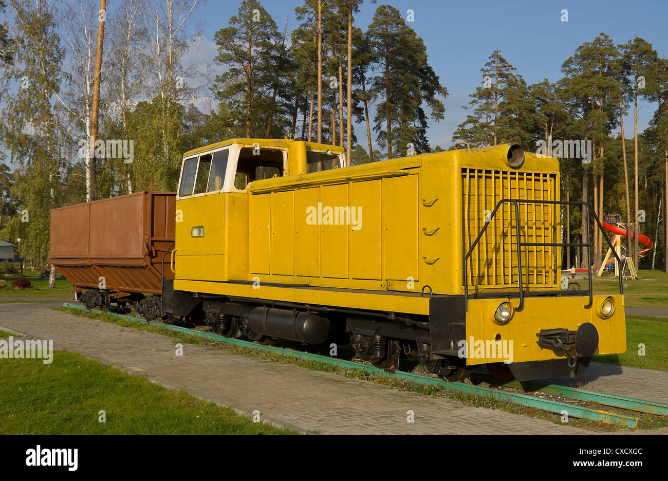 Soviet diesel locomotive TU7A. Monument in city park of Shatura, Moscow ...